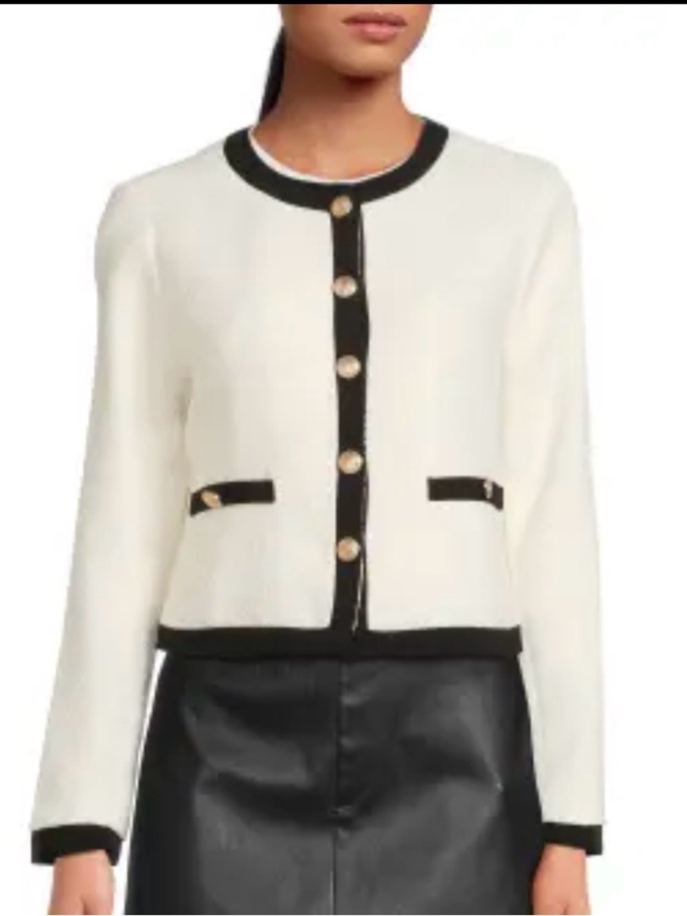 WD.NY Cream Jacket Blazer with Black leather Trim and Gold Buttons